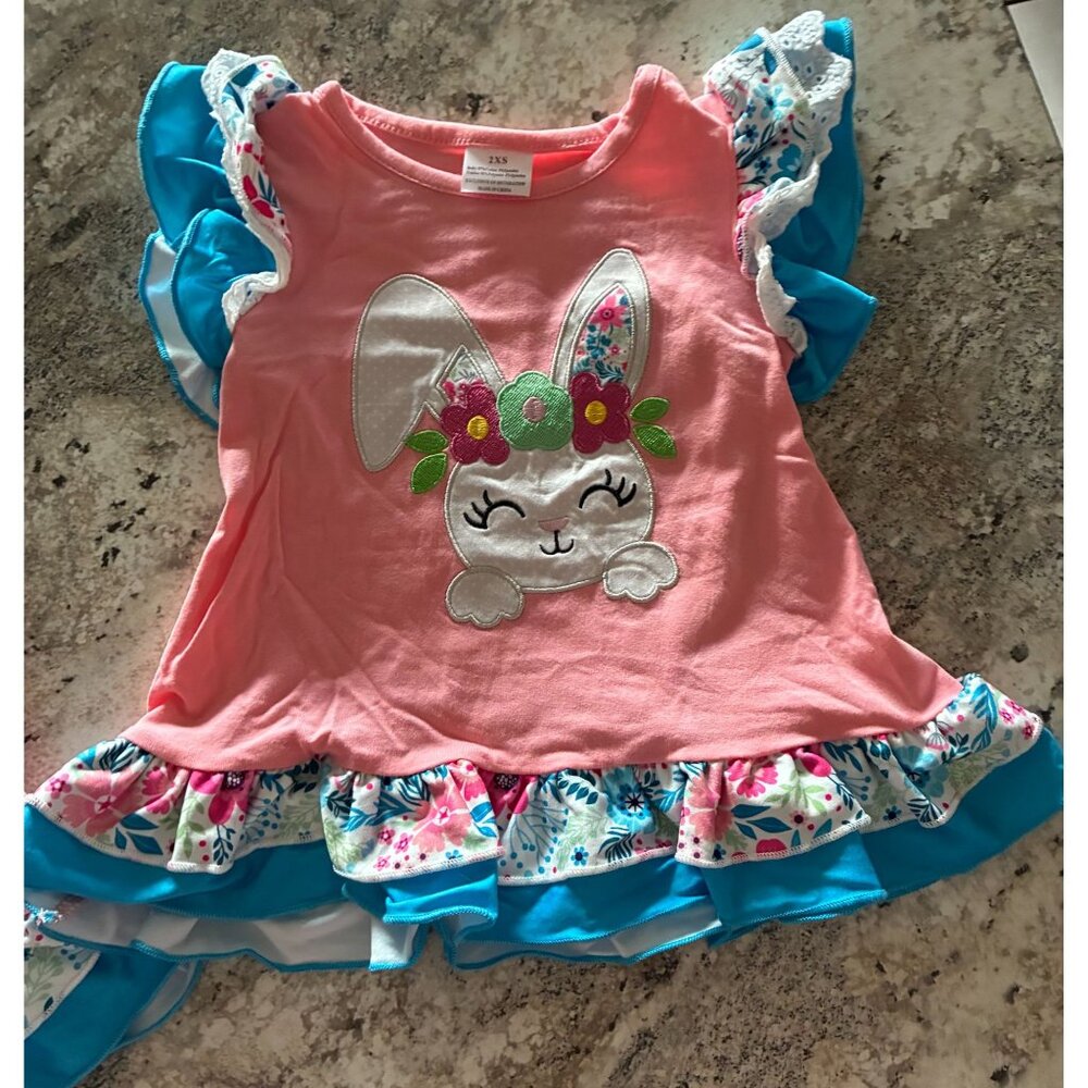 Cute Bunny Floral Ruffled Toddler Girls Two Piece Set With Striped Leggings
